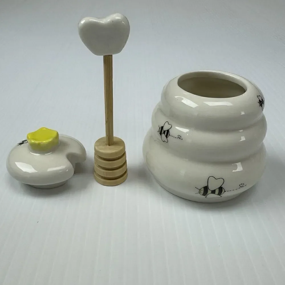Kate Aspen Meant to Bee Ceramic Honey Pot with Wooden Dipper